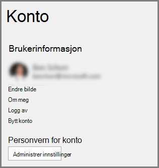 Konto-panelet som viser knappen Kontopersonvern, Behandle innstillinger