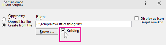 velge kobling for å sette inn en fil i PowerPoint