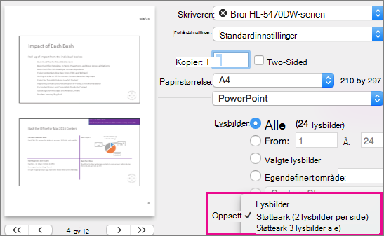 Utskrift av støtteark i PowerPoint for Mac Preview