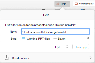 Dialogboks som tilbyr å laste opp presentasjonen til Microsoft Cloud Storage for sømløs deling.