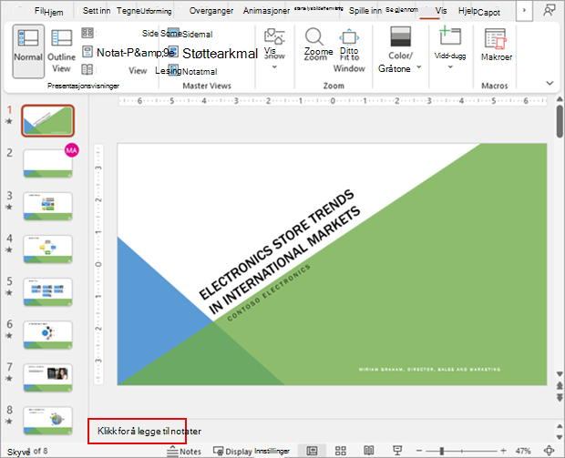 Skjermbilde som viser en PowerPoint-lysbildevisning i normalvisning sammen med notatdelen.
