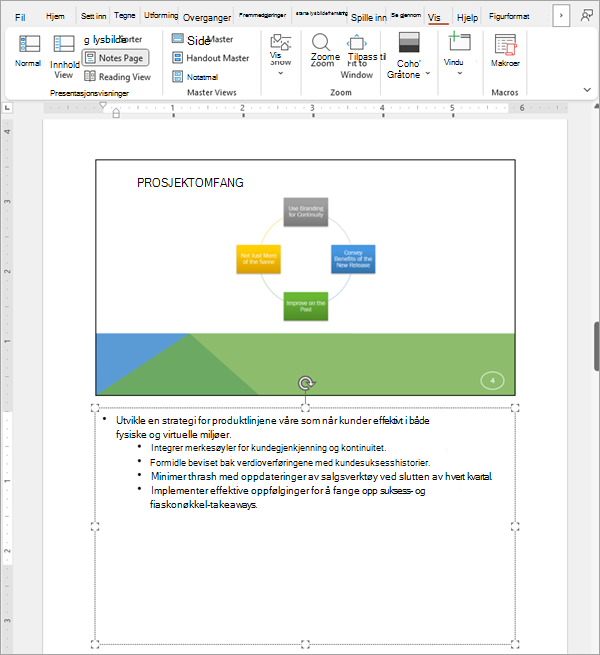 Skjermbilde som viser ett lysbilde i en PowerPoint-lysbildevisning med tilhørende notater.
