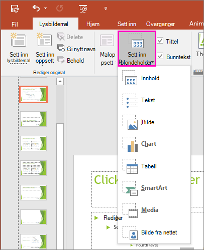 Viser knappen Sett inn plassholder i lysbildemalvisningen i PowerPoint