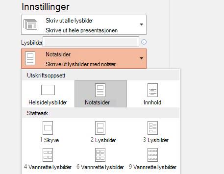 skjermbilde av alternativet Skriv ut notater