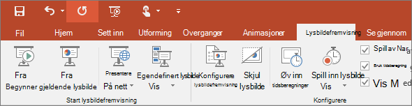Viser Lysbildefremvisning-fanen på båndet i PowerPoint
