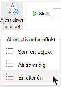 Menyen Alternativer for effekt på Animasjoner-fanen i PowerPoint.