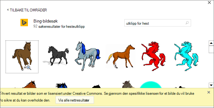 Søk etter hesteutklipp gir deg en rekke bilder under en Creative Commons-lisens.