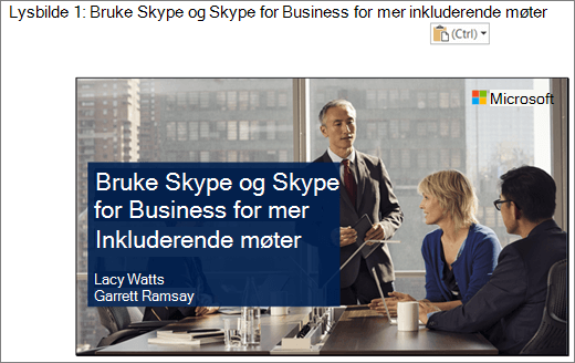 Skjermbilde av det nye Word dokumentet som viser lysbilde 1 med lysbildetittel, lysbildet som vises på bildet, inneholder lysbildetittelen, presentatørnavnene og et bakgrunnsbilde av forretningsfolk rundt en konferansetabell.