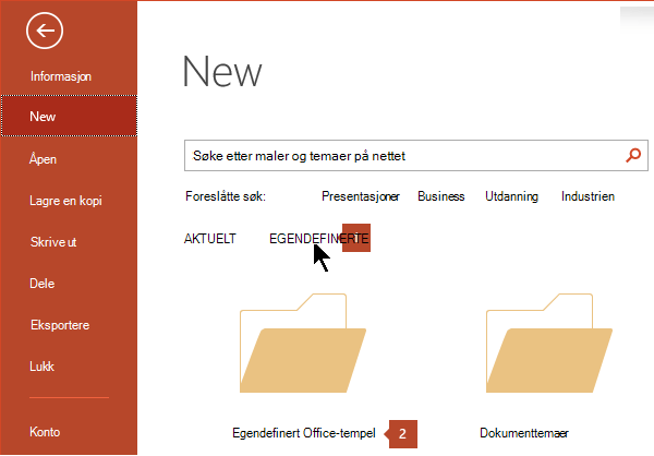 Klikk Egendefinerte og deretter Egendefinerte Office-maler under Ny fil > .