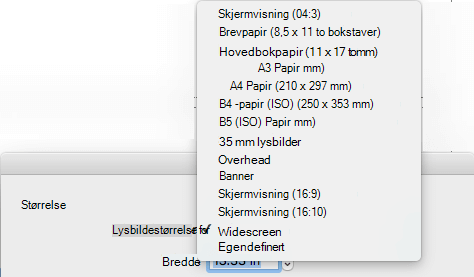 Det finnes flere forhåndsdefinerte alternativer for lysbildestørrelse i dialogboksen Utskriftsformat