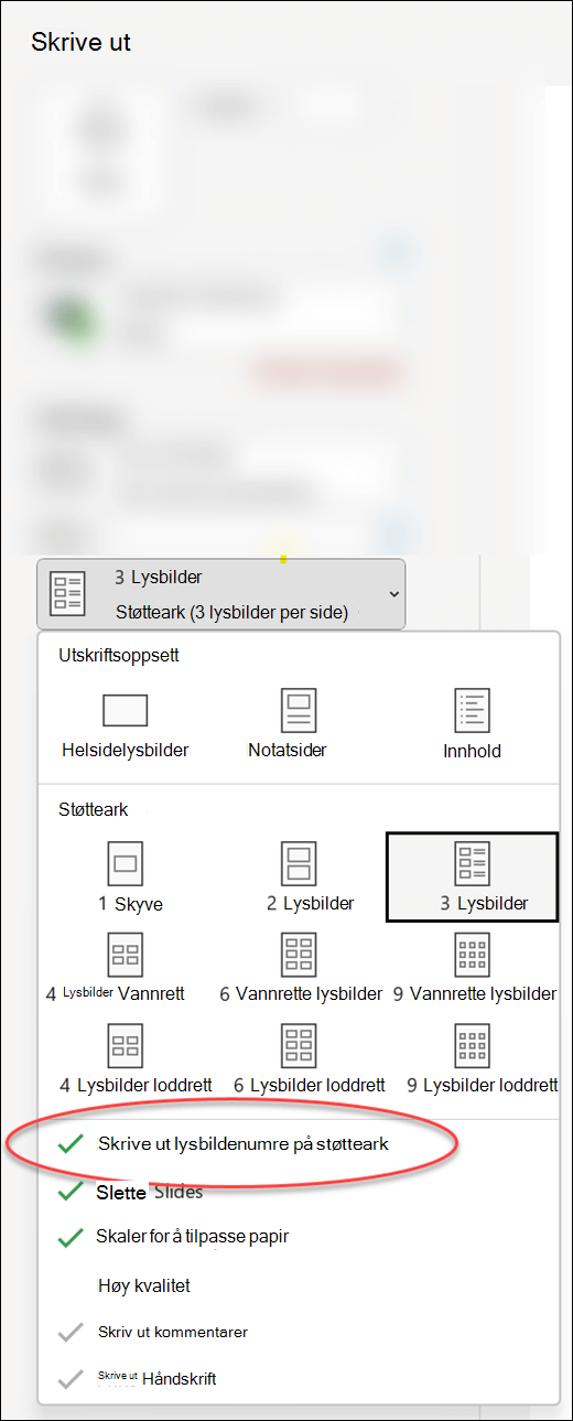 Dialogboksen Skriv ut i PowerPoint viser alternativet for å skrive ut lysbildenumre på støtteark.