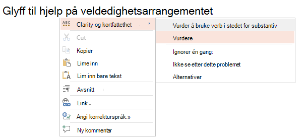 Skjermbilde av hurtigmenyen for skrivestil.