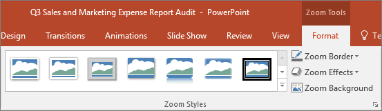Viser forskjellige zoom-stiler og -effekter som du kan velge i Format-fanen i PowerPoint.