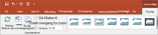 Viser Zoom-verktøy på Format-fanen på båndet i PowerPoint.