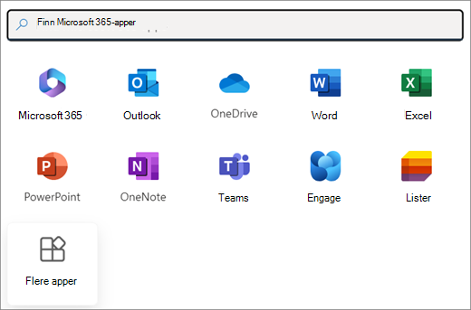 Et utvalg av Microsoft 365-apper. Den siste flisen er Flere apper.