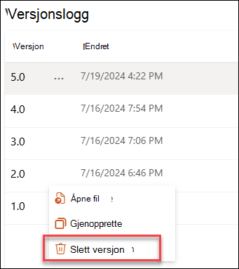 skjermbilde som sletter en versjon