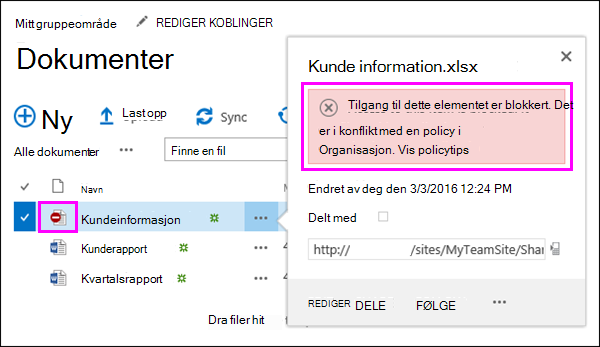 Policytips som viser blokkert tilgang til dokumentet