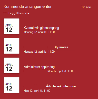 Skjermbilde av hendelsesnettdelen