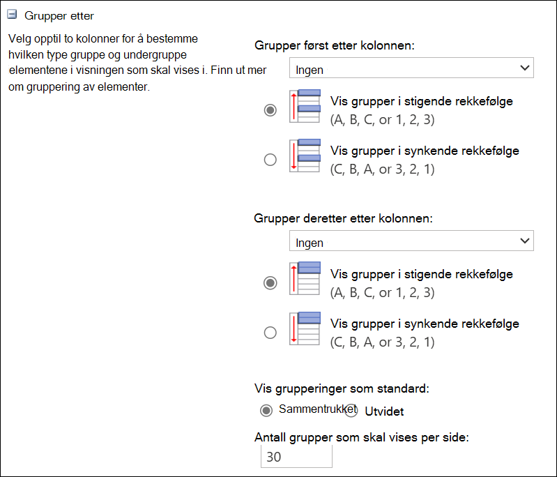skjermbilde av gruppering med opptil to kolonner.