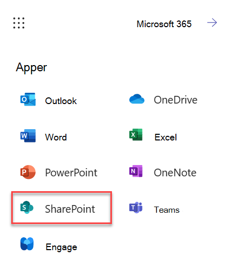 Skjermbilde av hvordan du starter SharePoint fra M365