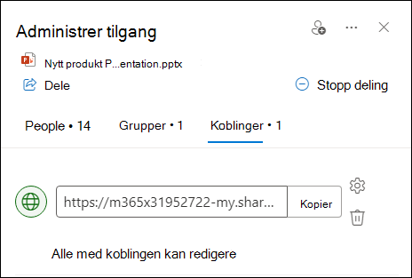 Skjermbilde som viser behandle tilgang-dialogboksen med koblingsfanen åpen.