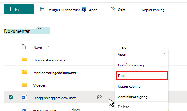 Begynne å dele et dokument i et SharePoint-bibliotek