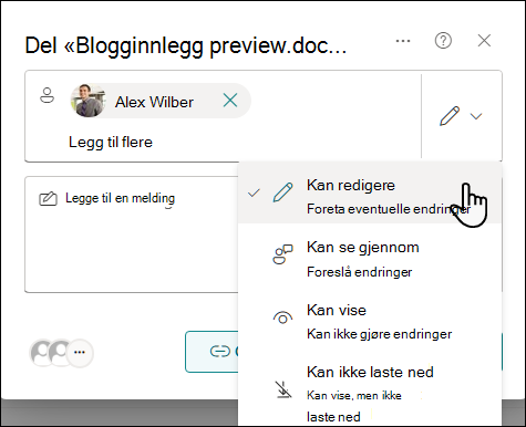 Velge en tillatelsesinnstilling for personer som er invitert til å dele et dokument