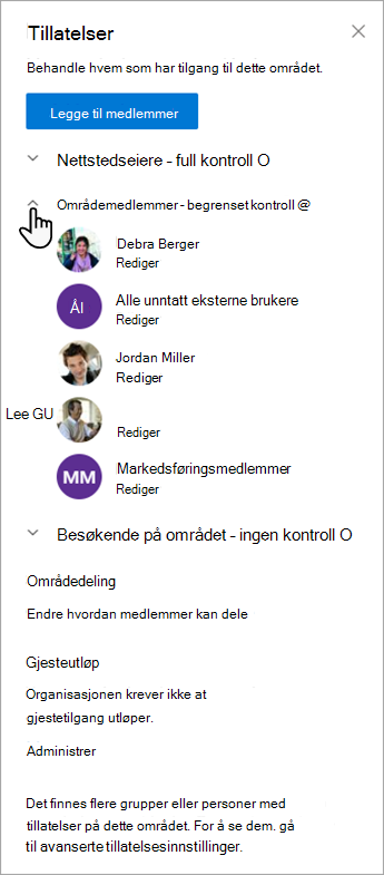 Dialogboksen Tillatelser som lar deg behandle medlemmer og deres tillatelsesnivåer.