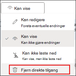 Skjermbilde av delingstillatelser med fjern direkte tilgang uthevet.