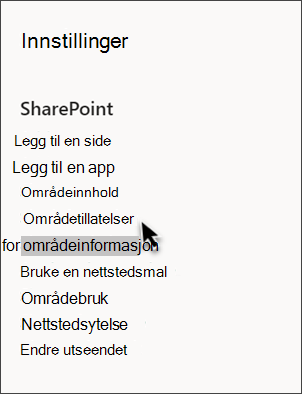Skjermbilde av SharePoint-innstillinger med områdeinformasjon valgt