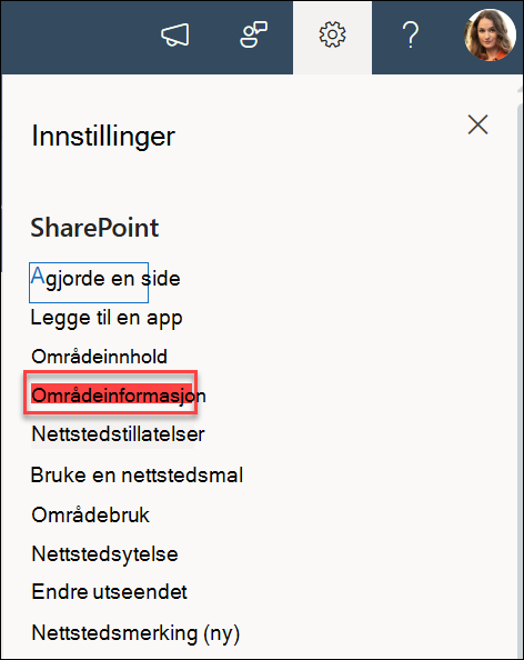 Alternativet Nettstedsinformasjon i dialogboksen Innstillinger.