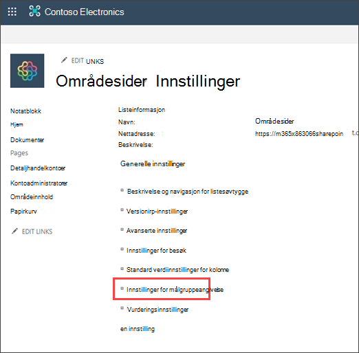 Innstillingsside med målgruppeangivelse uthevet
