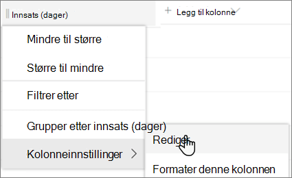 Rediger kolonne-ruten i SharePoint med alternativet Slett valgt