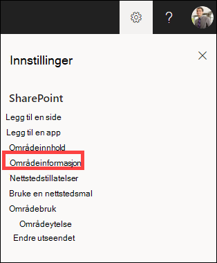 Innstillingspanelet er åpent med områdeinformasjonen uthevet.