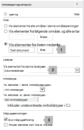 Egenskapsliste for webdel for innholdsspørring med tre bildeforklaringer
