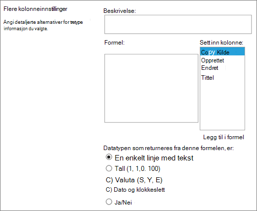 Alternativer for beregnet kolonne