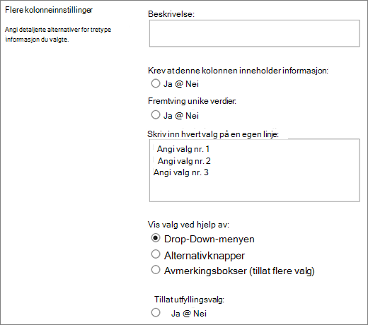 Alternativer for Valg-kolonner