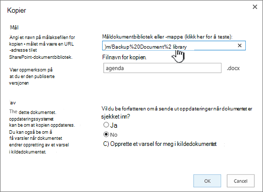 Kopier-dialogboks med nettadresse valgt.