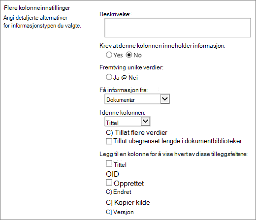 Dialogboks for valg av oppslagskolonne