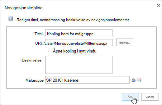 Egenskaper for navigasjonskobling med OK uthevet.