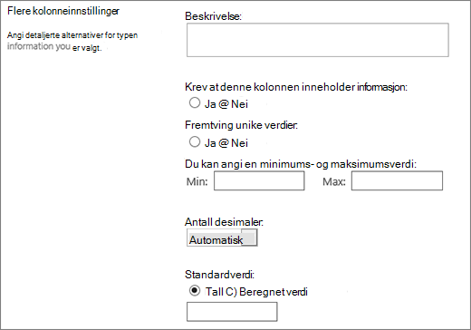 Valg for den numeriske kolonnen