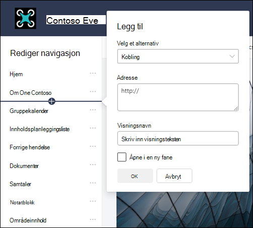 Legg til en kobling i det venstre navigasjonsfeltet på SharePoint-gruppeområdet