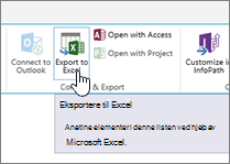 SharePoint-eksport til Excel-knappen på båndet som er uthevet