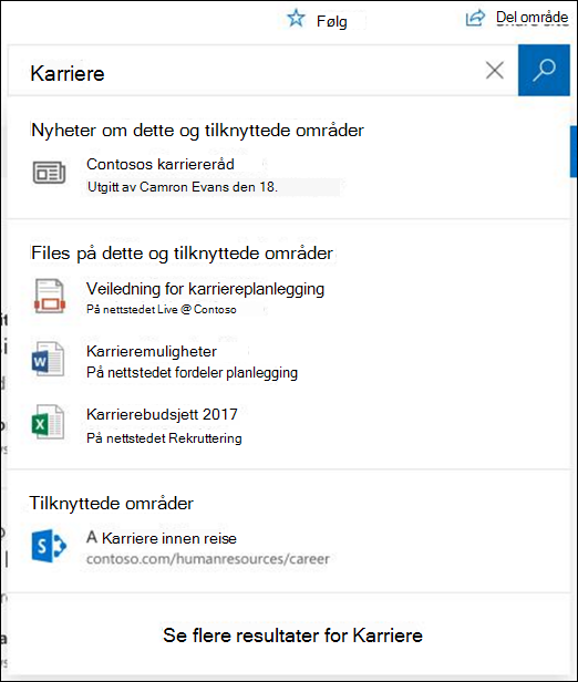 Søkeresultater på et SharePoint-hubområde
