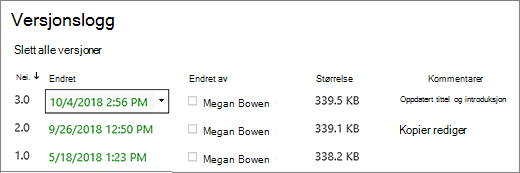 Dialogboksen Versjonslogg med tre versjoner.