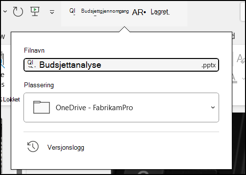 Rullegardinmenyen fra dokument tittelen i Word for Office 365