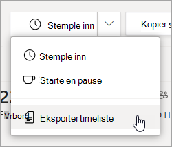 Alternativet Eksporter timeliste i Skift for å eksportere timelisterapporten for teamene.