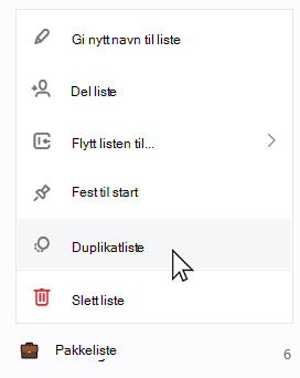 Pakkeliste valgt med kontekstlisten åpen og Duplikatliste valgt