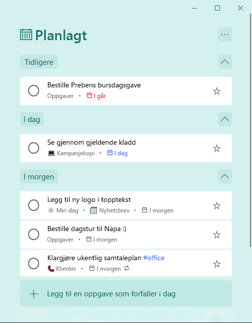 Planlagt smartliste md oppgaver som er organisert etter Tidligere, I dag og I morgen