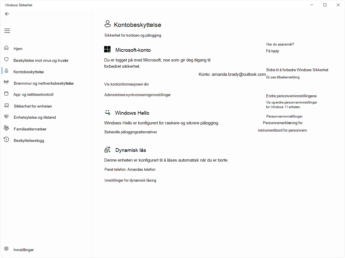 Skjermbilde av kontobeskyttelsessiden for Windows Sikkerhet-appen.